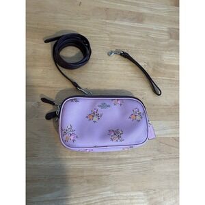 Coach Canvas/Leather Crossbody Bag With Floral Print And Hang Tag Pink Purple